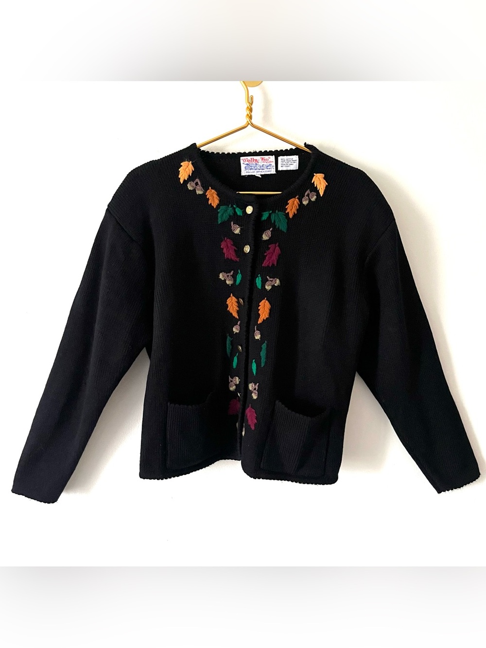 Tally-Ho Vintage 80s 90s Black Embroidered Fall Leaves Novelty Cardigan XL
